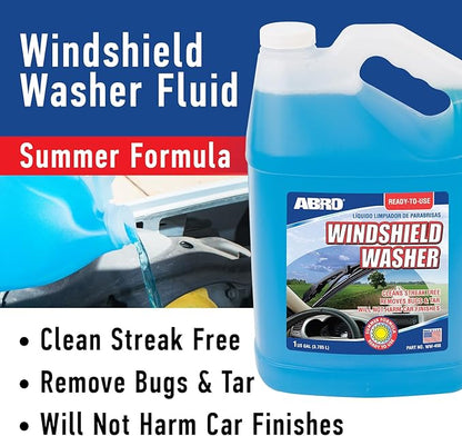 ABRO Windshield Washer Fluid Ready to Use Formula - 1 Gallon, Pre-Mixed, Streak-Free Cleanliness, 2-In-1 Removes Bugs & Tar