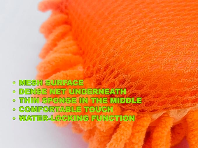 WAKALALA Microfiber Car Wash Mitt, Dual-Sided Cleaning Glove, High-Density Chenille, Non-Scratch Cleaning Sponge (1, Orange)