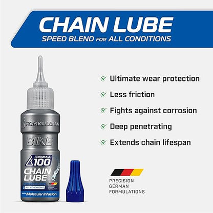 Formula 100 All Conditions Bike Chain Lube – All-Weather Lubricant for Bicycles & Electric Bikes – Protects Against Wear, Reduces Friction, Fights Corrosion – 50ml (1.69 oz)