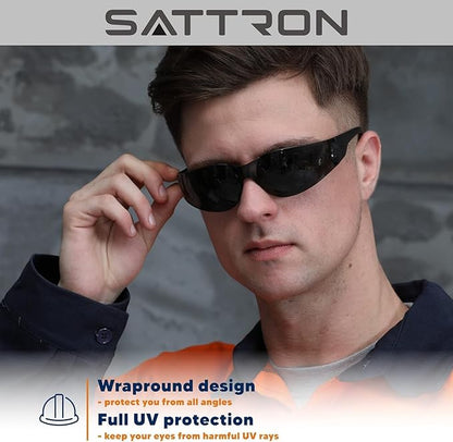 SATTRON 50 Pack of Tinted Safety Glasses, Scratch & Impact Resistant Protective Eyewear, Dark Lenses for UV Protection, Safety Sunglasses for Construction, Outdoor Work & Shooting