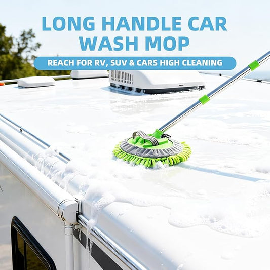 62'' Car Wash Brush Kit - Mitt, Mop, Sponge & Long Handle, Scratch-Free Chenille Replacement Head, Wheel Tire Brush, Car Detailing Kit for Cars, RV, Truck