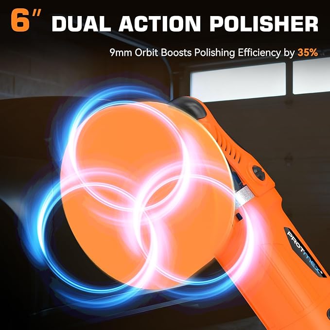Protmex 1200W Car Buffer Polisher - 6 Inch Dual Action Polisher w/Constant Power - 6 Variable Speed 2500-6000RPM Orbital Polisher -Comfortable Grip Car Wax Buffer Polisher for Car Detailing Polishing