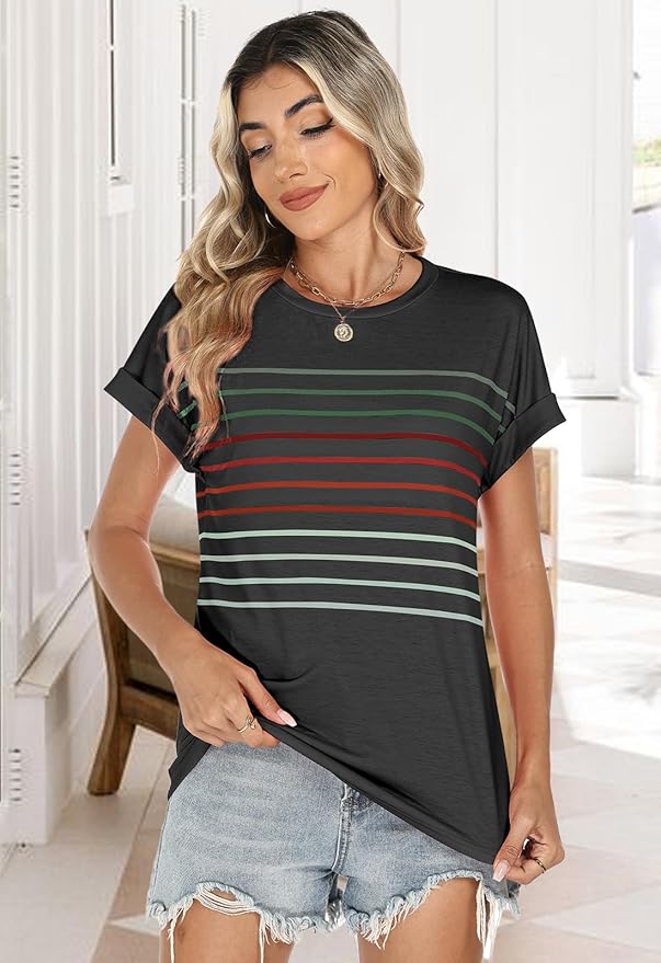 Womens Summer Tops Short Dolman Sleeve Crew Neck Striped Shirts Spring 2026 Fashion Beach Vacation Clothing