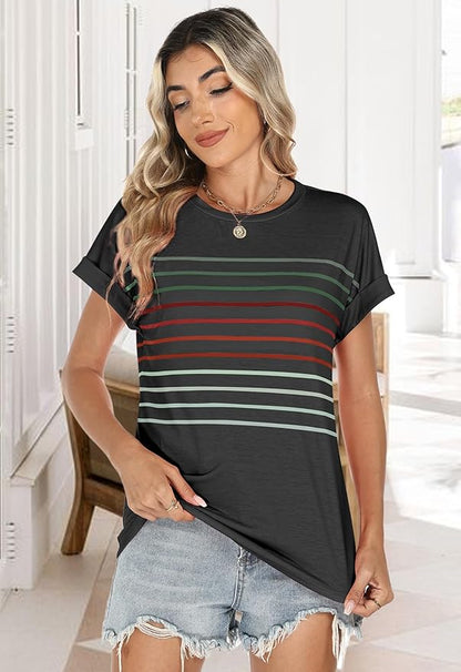 Womens Summer Tops Short Dolman Sleeve Crew Neck Striped Shirts Spring 2026 Fashion Beach Vacation Clothing