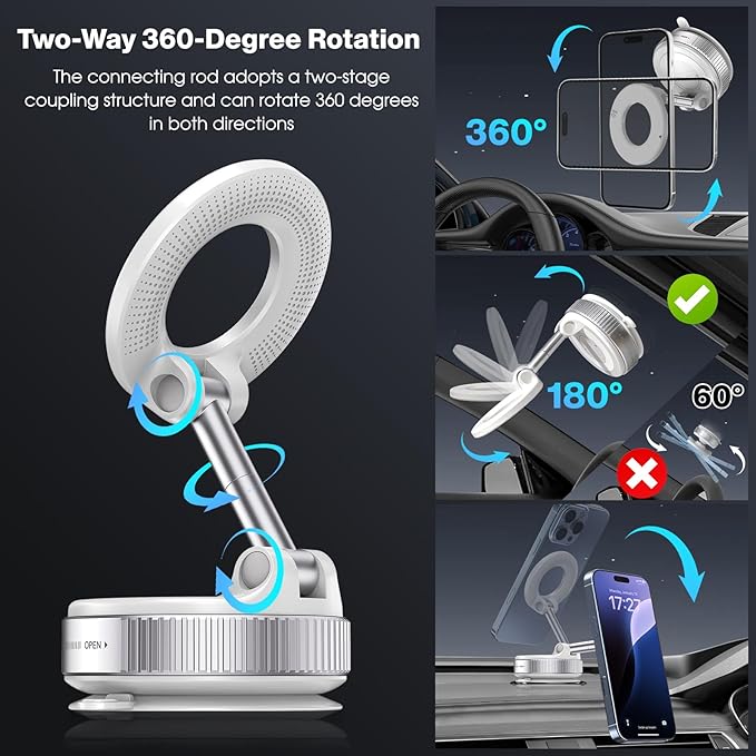 Jikasho Vacuum Magnetic Suction Phone Holder, Foldable and Retractable Hands-Free Suction Cup Phone Mount for Car/Gym/Mirror/Smooth Surface, Compatible with iPhone Android and All Smartphones (White)