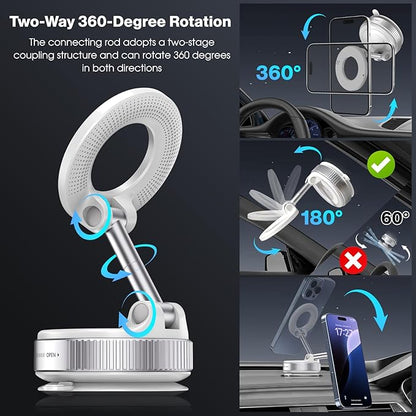 Jikasho Vacuum Magnetic Suction Phone Holder, Foldable and Retractable Hands-Free Suction Cup Phone Mount for Car/Gym/Mirror/Smooth Surface, Compatible with iPhone Android and All Smartphones (White)