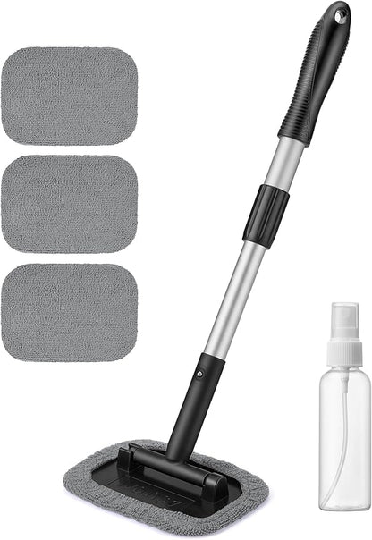 AstroAI Windshield Cleaner Tool, Microfiber Car Window Cleaner with 4 Reusable and Washable Microfiber Pads and Extendable Handle Auto Inside Glass Wiper Kit, Gray