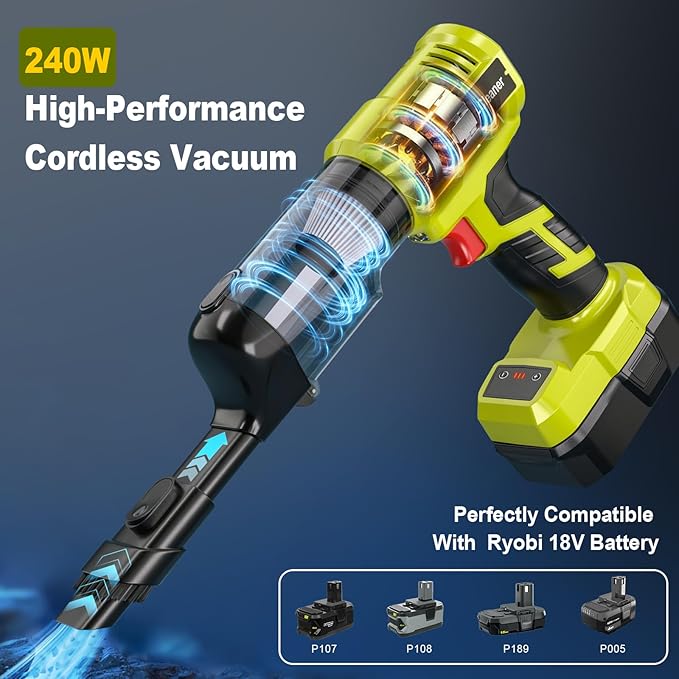 Adisipsoarin Cordless Vacuum Cleaner for Ryobi 18V Battery, Electric Handheld Vacuum Cleaner with 105AW Powerful Suction, Portable Vacuum Cleaner for Floor, Carpet, Car, Home (Battery Not Included)