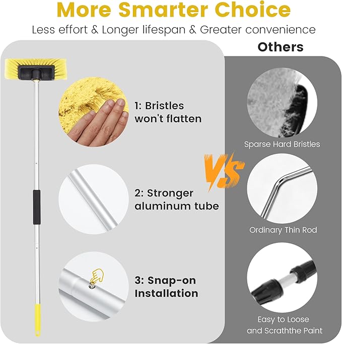 Car Wash Brush with Long Handle, 60'' Soft Bristle Cleaning Brush, Car Cleaning Brushes, Carwash Brushes for SUV, RV, Boat, Truck, House Siding, Sweep Snow, Yellow