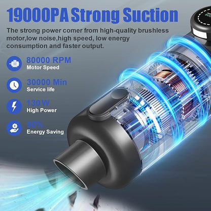 AOPIRDT Car Vacuum Portable Cordless-19000 Pa 4 in 1 Handheld Vacuum Cordless Brushless Motor with LED Light and Multi-Nozzles, One-Touch dust Removal for Car, Home, Office, Pet, Black