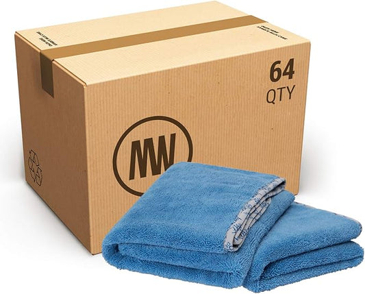 Detail Microfiber Car Towels Bulk (24"x 36") | 400 GSM | 80/20 Blend | Tagless | Soft Satin Piped Edges | All-Purpose Auto Detailing - Wax, Buff, Polish, Wash, Dry | Case of 64 (Blue)