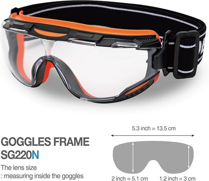 DEX FIT Protective Safety Goggles SG220N; 3x Anti Fog & Scratch, Z87 Eye Protection for Lab, Science, and Chemistry Work, Adjustable for Women and Men, (Black & Orange Frame, Clear Lens, 30cm Strap)