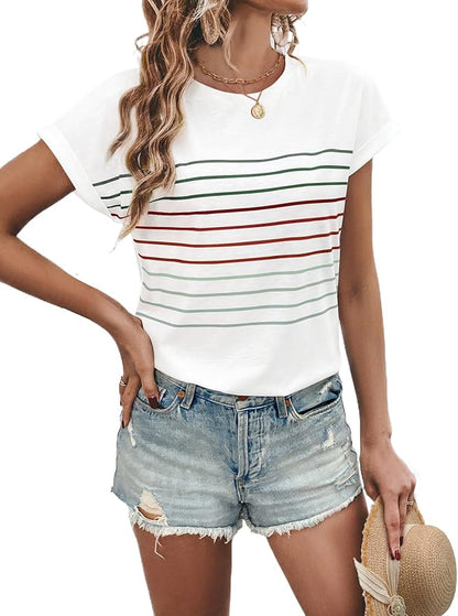 Womens Summer Tops Short Dolman Sleeve Crew Neck Striped Shirts Spring 2026 Fashion Beach Vacation Clothing