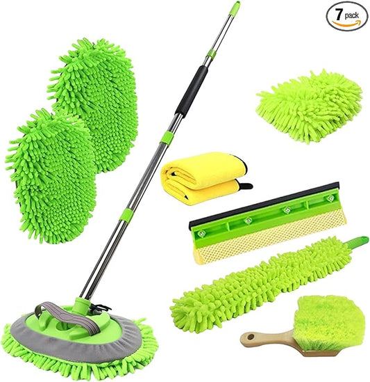 62'' Car Wash Brush Kit - Mitt, Mop, Sponge & Long Handle, Scratch-Free Chenille Replacement Head, Wheel Tire Brush, Car Detailing Kit for Cars, RV, Truck