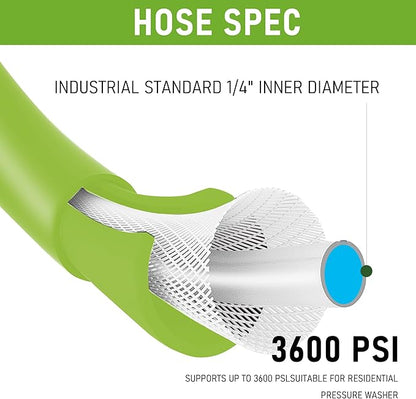 Hourleey Pressure Washer Hose 100 FT, 3600 PSI Flexible Kink Resistant Power Washer Hose Replacement, 1/4" Quick Connect Pressure Hose Extension, Green
