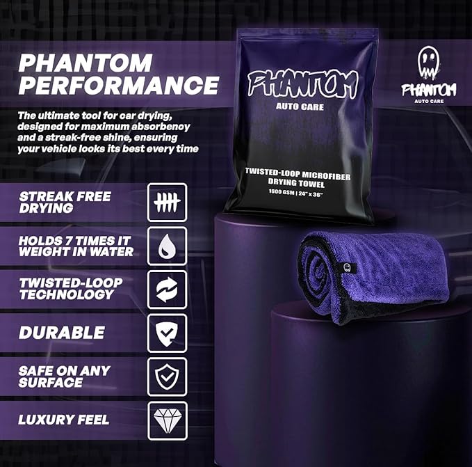Phantom Drying Towel - 1600 GSM, Large 24" x 36", Ultra-Absorbent Twisted Loop Microfiber, Premium Quality for Cars, Trucks & Multi-Purpose Use