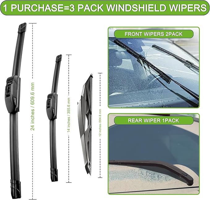 PARRATI® Windshield Wipers for Fiat 500 2012-2019,24"+14" Front and 12" Rear,OEM Replacement Wiper Blades,Quiet & Streak-Free(Set of 3)