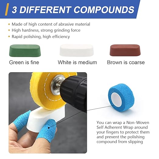 SCOTTCHEN 3inch Buffing Polishing Wheel with 1/4" Shank for Drill, 3/8" Arbor Hole,Soft/Fine/Medium -3pcs,with Buffing Polishing Cutting Compounds 7.4 Oz.Kit,with 2 Pack Non-Woven Bandage