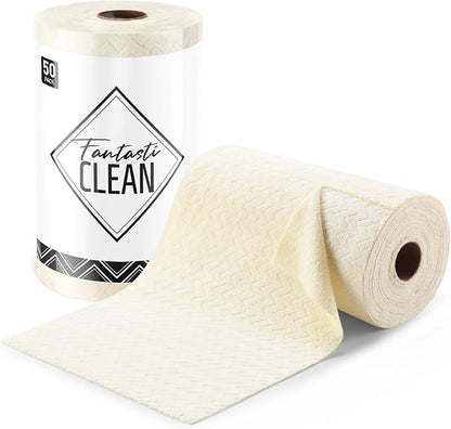 Fantasticlean Microfiber Cleaning Cloth Roll, 16" x 12"- 50 Sheets, Reusable Tear Away Microfiber Towels, Ultra Absorbent Dish Rags for Car, Home or Office (Beige Ripple)