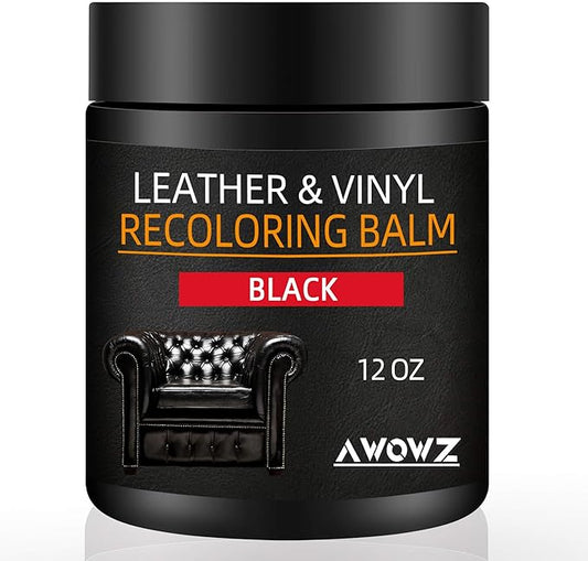 AWOWZ Leather Recoloring Balm - Scratch Repair & Color Restore Kit for Faded Leather, Leather Couch & Car Seats - 12OZ Leather Restorer Balm for Furniture, Auto Interior, Vinyl, Accessories (Black)