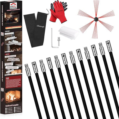 Cleancraft 39 Feet Chimney Sweep Kit, Chimney Cleaning Kit with 12 Flexible Black Chimney Rods, Chimney Brush for Sweeping Fireplace, Rotary Chimney Cleaning System Driven by Drill