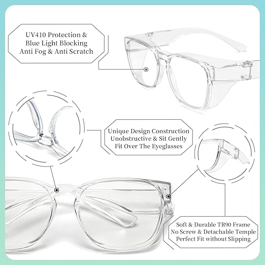 Alsenor Safety Glasses Anti Fog Goggles Fit Over Prescription Eyewear For ANSI Z87.1 Certified Oversized Eyeglasses For Men Women (Oversized-Clear)