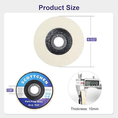 SCOTTCHEN Wool Felt Polishing Wheel Disc,4-1/2" x 7/8" Arbor Wool Polishing Wheel Disc for Angle Grinder for Metal Aluminum,Stainless Steel, Chrome, Wood, Plastic, Ceramic, Glass-10 Pack