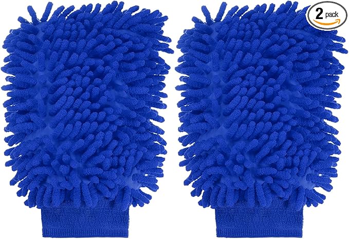 HARFINGTON 2pcs Chenille Microfiber Car Wash Mitts 9.8" x 7.9" Scratch Free Wash Gloves Absorbent Double Sided Plush Cleaning Drying Mitts for Car Washing Home Blue