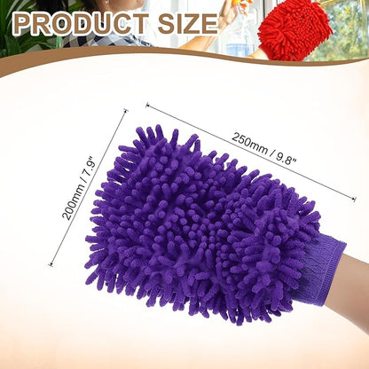 HARFINGTON Chenille Microfiber Car Wash Mitts 9.8" x 7.9" Scratch Free Wash Gloves Absorbent Double Sided Plush Cleaning Drying Mitts for Car Washing Home Purple