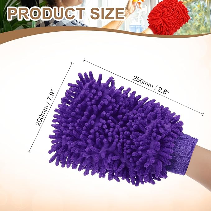 HARFINGTON 2pcs Chenille Microfiber Car Wash Mitts 9.8" x 7.9" Scratch Free Wash Gloves Absorbent Double Sided Plush Cleaning Drying Mitts for Car Washing Home Purple