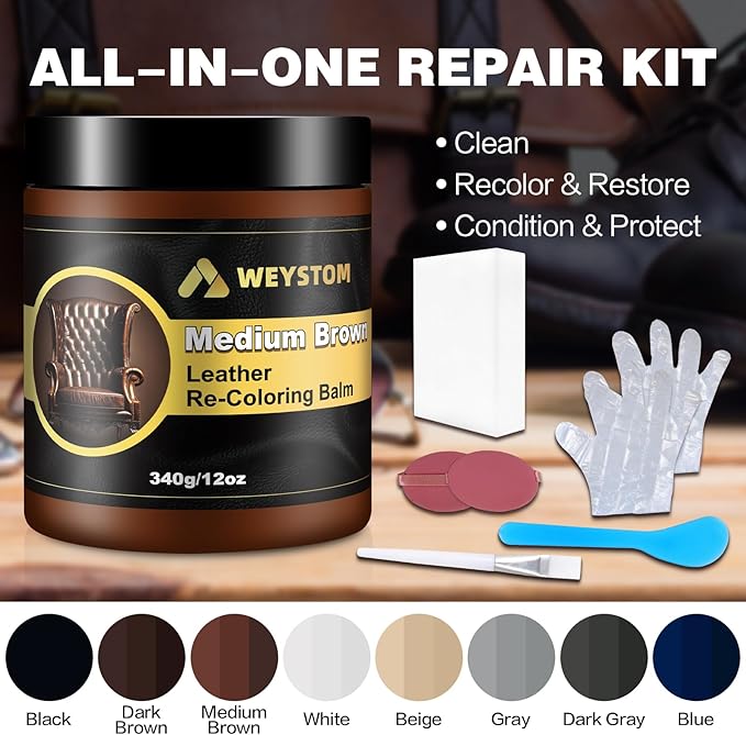 WEYSTOM Leather Recoloring Balm, 12oz Large Size Leather Dye, Color Restorer, Scratch Repair, Furniture & Couch Restorer Kit, Repair Kit for Furniture(Medium Brown)