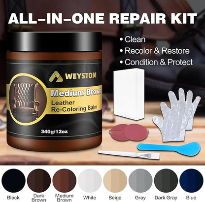 WEYSTOM Leather Recoloring Balm, 12oz Large Size Leather Dye, Color Restorer, Scratch Repair, Furniture & Couch Restorer Kit, Repair Kit for Furniture(Medium Brown)