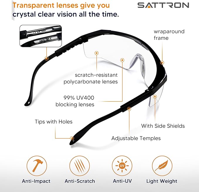 SATTRON Clear Safety Glasses 12 PACK Safety Goggles Anti-Fog Impact Resistant UV Protection Adjustable Temples Wide Vision Protective Eye Wear for Industrial Work, Laboratory, Woodworking