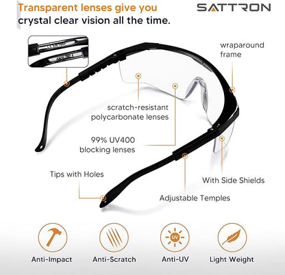 SATTRON Clear Safety Glasses 12 PACK Safety Goggles Anti-Fog Impact Resistant UV Protection Adjustable Temples Wide Vision Protective Eye Wear for Industrial Work, Laboratory, Woodworking