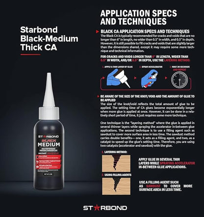 STARBOND Black Medium-Thick CA Glue Pro Kit (2 oz) – Rubber-Toughened, Impact-Resistant Cyanoacrylate Super Glue – for Durable Knot Filling, Crack Repair, Woodworking, Guitar, Hobby & RC Projects