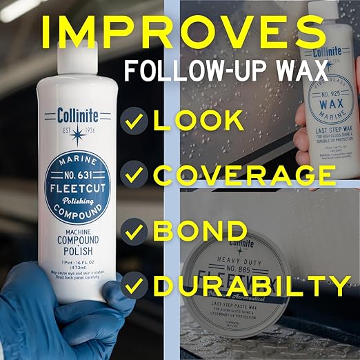 Collinite 631 Fleetcut- Marine/RV Compound + Polish. for Rotary & DA Use. Quickly Removes Heavy Oxidation/Hard Water Spots from Gelcoat/Fiberglass & Restores Color/Gloss in One Step. (16 fl oz)