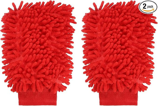 HARFINGTON 2pcs Chenille Microfiber Car Wash Mitts 9.8" x 7.9" Scratch Free Wash Gloves Absorbent Double Sided Plush Cleaning Drying Mitts for Car Washing Home Red
