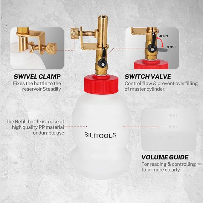 BILITOOLS 1L Universal Cylinder Brake Fluid Refilling Bottle Automatic Brake Service Dispensiong Flush Tool, Easy Operation for Cars, Motorcycles and for Clean & Efficient Brake Maintenance