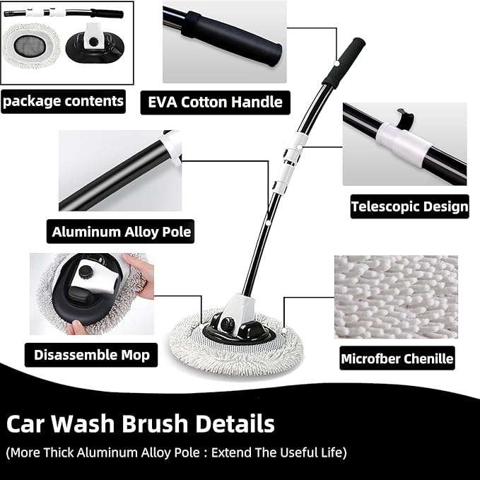 15° Curved Car Wash Brush with Long Handle 43" Microfiber Cleaning Mop Telescopic Extension Pole for Caravan RV Truck Auto SUV Wheel Boat Exterior 2 in 1 Carwash Duster Not Hurt Paint Scratch Free