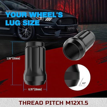 JiiinMiiin 20PCS M12x1.5 Lug Nuts Chrome 6 Spline Tuner, Closed End Aftermarket Locking Lugnuts 1.38 inch Length with 1 Socket Key 60 Degree Conical/Cone Bulge Seat