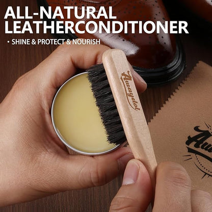 Awaydol 10 PCS Leather Care Kit - Horsehair Brushes,Saddle Soap,Waterproofing Wax,Mink Oil Conditioner,Polishing Cloth,Microfiber cloth,Boot Shoe Shine Cleaning Kit Gift for Men Cowboy Husband Dad ﻿