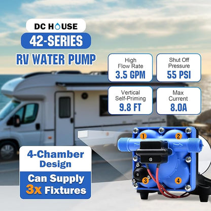 DC HOUSE 42 Series RV Water Pump Replacement Quiet 12V 3.5GPM 55PSI, 12 Volt Water Diaphragm Pressure Pump Self Priming with Bypass for Reduced Cycling Transfer Fresh Salt Liquid Yacht Trailer Truck