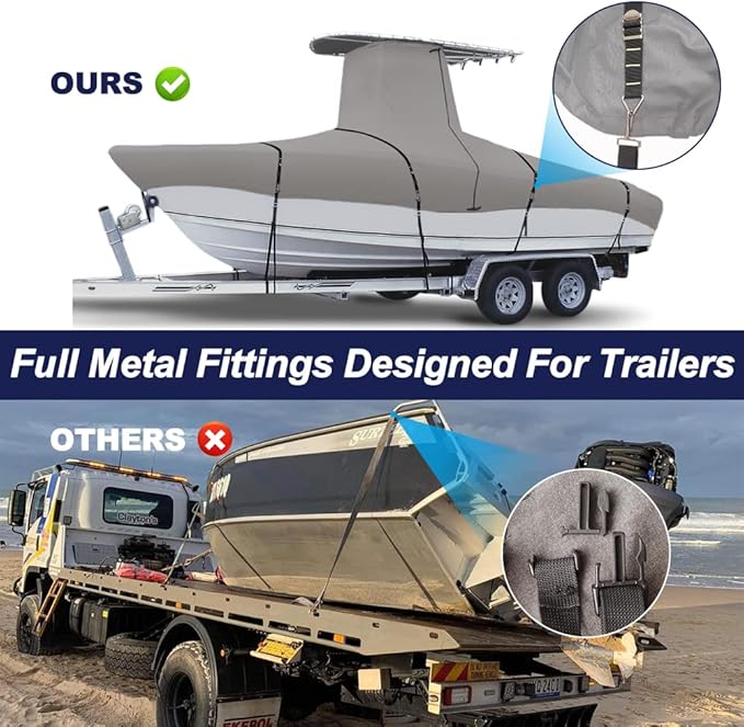 900D Marine Grade Fade and Tear Resistant Trailerable T-Top Boat Cover, Heavy-Duty Waterproof and UV-Proof T TOP Boat Storage Cover with Windproof Metal Buckle Straps Fit 18ft-20ft Long(Gray)