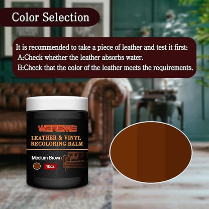 WERBME Leather Recoloring Balm & Color Restorer - 10OZ Multipurpose Dye & Paint for Faded Leather Couches, Car Seats, Shoes | Fix Scratches on Clothing, Furniture & Accessories(Medium Brown)