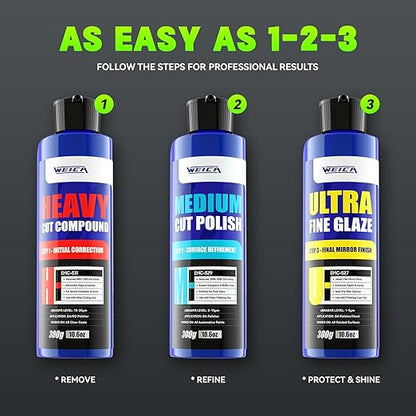 3 Step Polishing Compound Kit, 32oz - Heavy Cut, Medium Polish & Ultra Fine Glaze for Scratch & Swirl Removal - Safe for All Car Paint - by WEICA