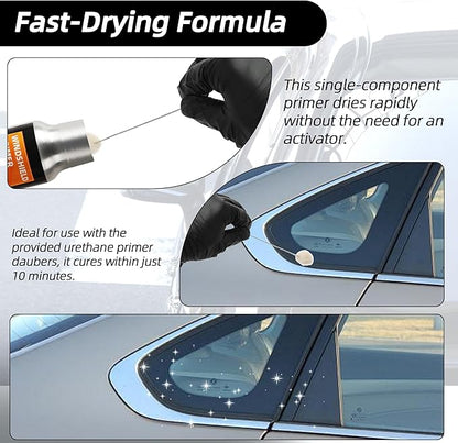 Calvana 1 fl.oz Windshield Primer, Urethane Primer for Automotive, Promotes Adhesion of Polyurethane Sealants, UV Resistant, Fast Drying, with 1 Pair Gloves, 2 Applicator Sticks, Black