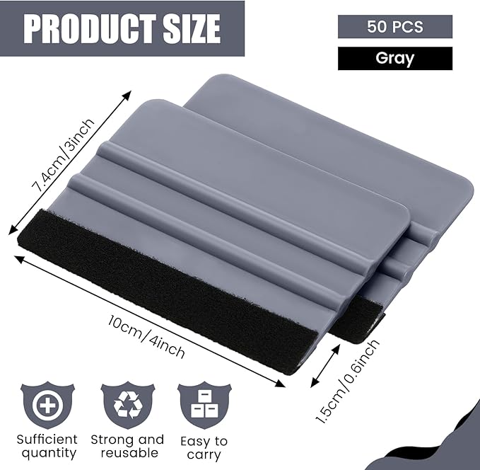 Lasnten 50 Pcs Plastic Vinyl Squeegee 4 Inch Felt Edge Squeegee for Car Window Windshield Glass Cleaning Tool Vinyl Scraper Decal Applicator Tool with Black Fabric Felt Edge (Gray)