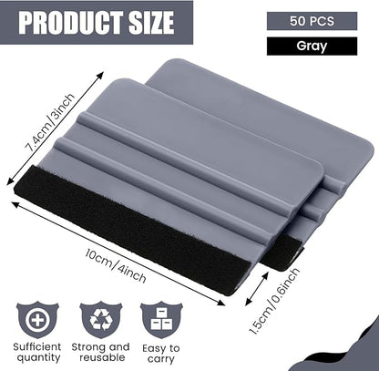 Lasnten 50 Pcs Plastic Vinyl Squeegee 4 Inch Felt Edge Squeegee for Car Window Windshield Glass Cleaning Tool Vinyl Scraper Decal Applicator Tool with Black Fabric Felt Edge (Gray)