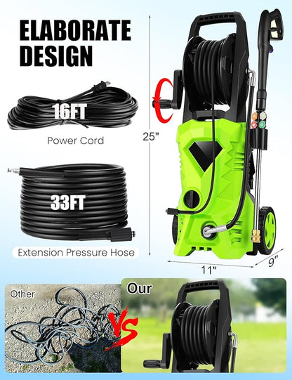 Power Cleaner 5000 PSI with 33FT Hose, 4 Nozzles for Car/Patio Cleaning(Green)