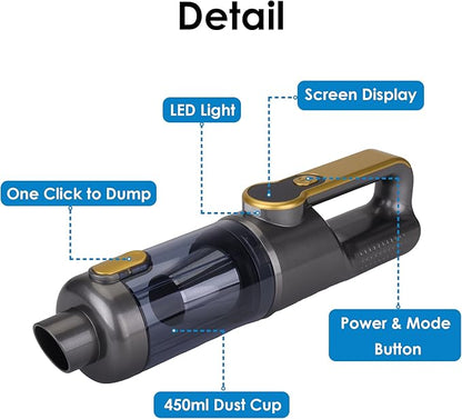 VIPDIGI Handheld Vacuum Cordless, Car Vacuum Portable Cordless 6000mAh Dust Busters Rechargeable Brushless Motor 18000Pa Strong Suction, Portable Vacuum for Car Home with 6 Accessories, Yellow